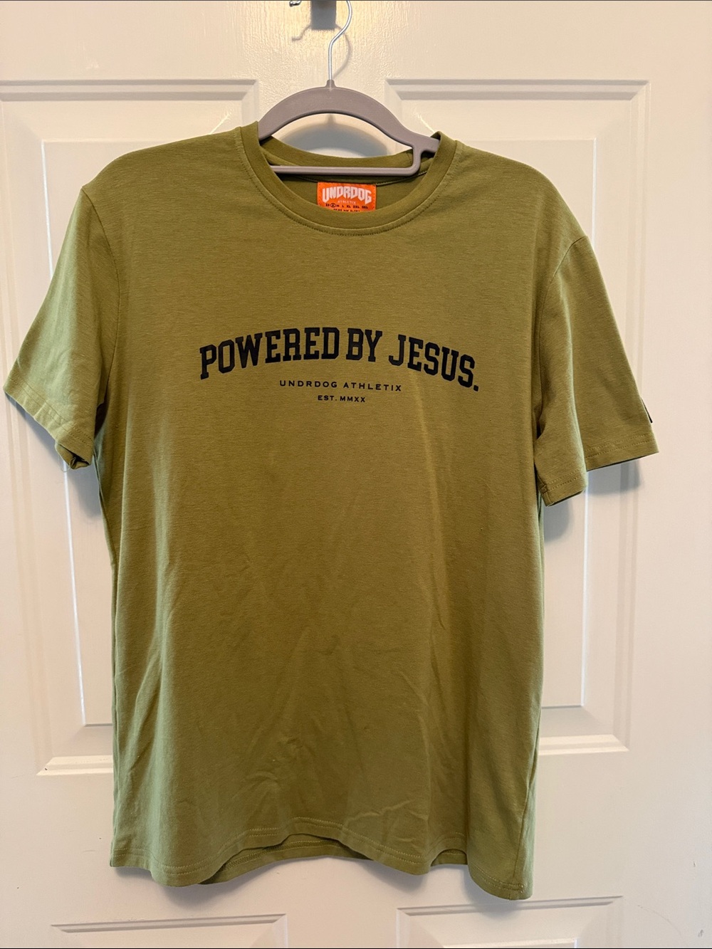 Men's 'Powered by Jesus' Olive Green Graphic Tee